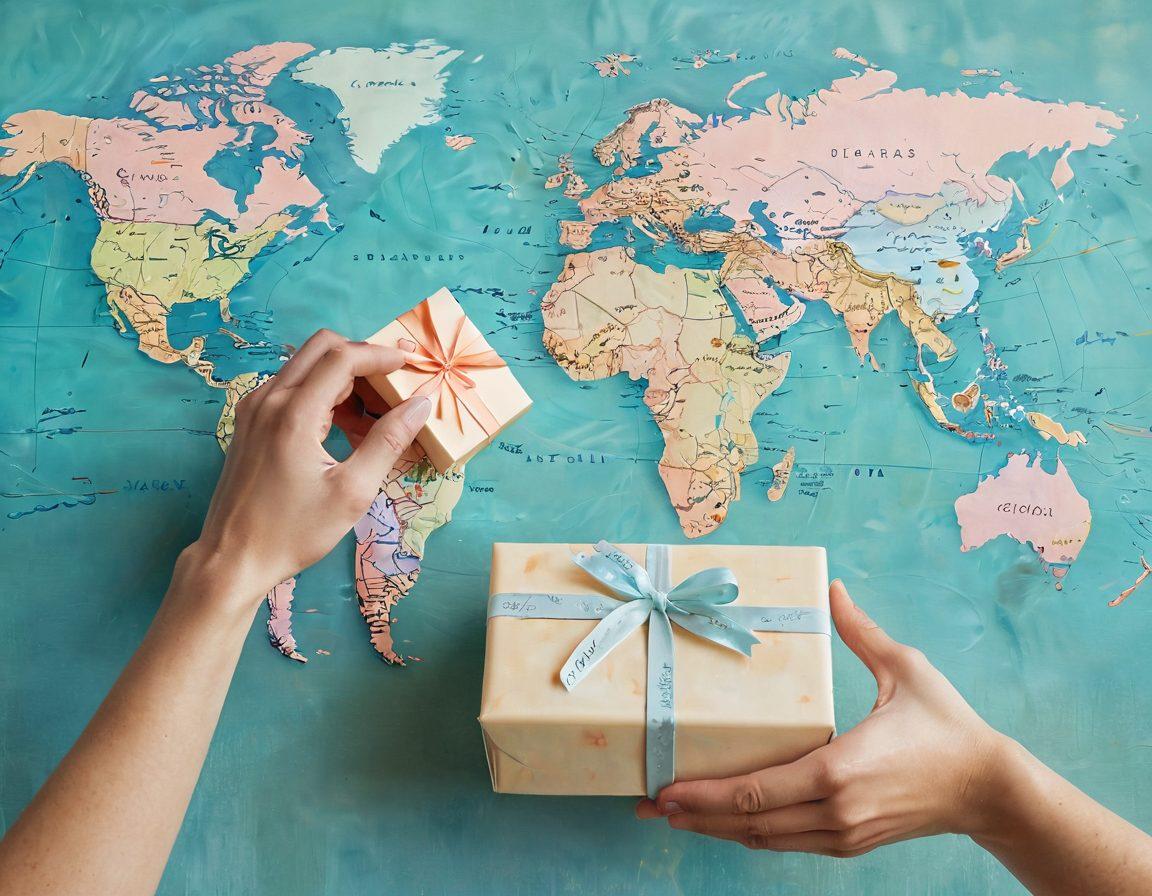 A warm, cozy scene of two hands exchanging a beautifully wrapped gift, symbolizing love and connection. In the background, a world map with highlighted shipping routes, showcasing the global reach of expedited shipping. Heart motifs subtly integrated into the design, creating a sense of affection and care. Soft lighting and pastel colors enhance the emotional vibe. super-realistic. vibrant colors. soft focus.