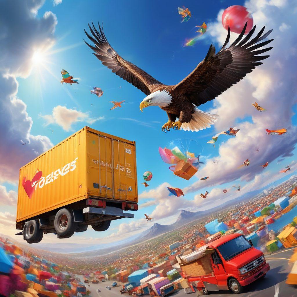 A dynamic and heartwarming scene depicting an eagle soaring over a globe, symbolizing worldwide delivery. Below, colorful delivery trucks and cargo planes navigate through diverse landscapes, carrying packages wrapped with love. Vibrant hearts and expressive icons of connection float in the air, capturing the essence of passion in logistics. The background features a bright blue sky with fluffy clouds emphasizing movement and freedom. super-realistic. vibrant colors. 3D.