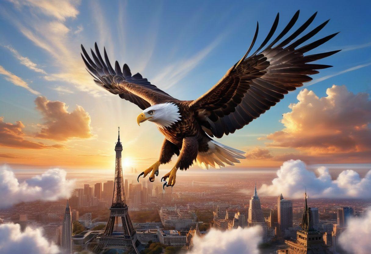 An eagle soaring through a bright blue sky, carrying a heart-shaped package in its talons, with a backdrop of iconic global landmarks like the Eiffel Tower and the Statue of Liberty. Gentle clouds float around, symbolizing love and connection, while a sunbeam illuminates the eagle, creating a sense of warmth and hope. The colors are vibrant and inviting, showcasing a sense of adventure and affection. super-realistic. vibrant colors. white background.
